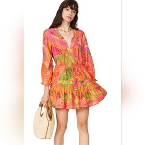 NWT Farm Rio Ombre Forest Mini Dress Multicolor Cotton Boho Long Sleeve L